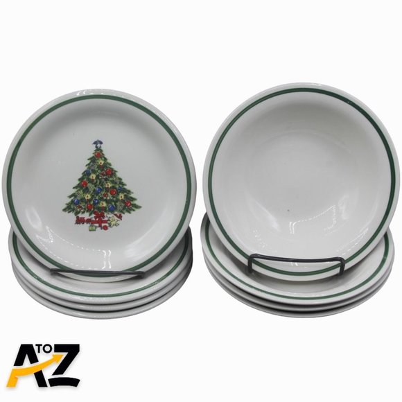 Set of 7 ~ 6⅝" STONEWARE SMALL Bowls ~ Christmas Tree ~ Off White / Green Bands - Picture 1 of 12